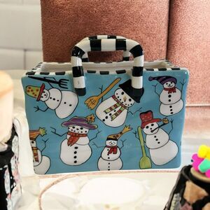 Vintage Patricia Dupont 1999 Hand painted Blue Ceramic Shopping Bag Snowman
